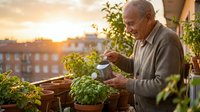 Senior Caucasian man watering fresh herbs on sunny apartment balcony garden during golden hour sunset for urban gardening and healthy lifestyle.
