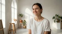 Young Caucasian woman in white t-shirt smiling with eyes closed in bright modern living room with plants and natural sunlight streaming through windows.