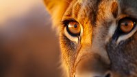 Close-up portrait of majestic lion face with intense amber eyes and golden fur illuminated by warm sunlight for wildlife photography and nature concepts.