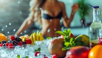 Fresh summer fruits and berries on crushed ice with mint leaves and glass bottles, vibrant healthy food composition in soft focus with bokeh background.