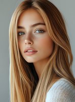 Young woman with natural freckles, blue eyes and long blonde hair wearing light sweater poses against neutral background, showcasing fresh natural beauty makeup look.
