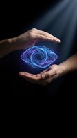 Hands protecting glowing blue energy spiral with light rays on dark background for technology and innovation concepts.