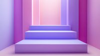 Minimalist geometric podium with purple and pink gradient walls and steps creates modern abstract architectural background for product display.