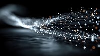 Digital network connections flowing with glowing particles and light trails on dark background for technology and data visualization concepts.