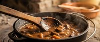 Wooden spoon stirring rich brown stew with vegetables in cast iron pot, rustic cooking scene for culinary and food preparation content.