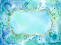 Watercolor frame with gold ornate border surrounded by blue and turquoise paint splashes, leaves, and medical tools. Isolated design element suitable for healthcare presentations, medical cards, and educational materials.