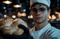Young male baker in white chef uniform and glasses smiling at camera with fresh baked bread loaves in dark bakery setting with ambient lighting and bokeh effect.