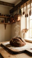 Rustic artisan bread loaf on wooden cutting board in traditional farmhouse kitchen with copper pots, wooden utensils and natural sunlight streaming through window.