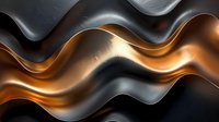 Luxurious metallic waves blend black and copper tones creating dynamic flowing curves with dramatic light effects and glossy reflective surface. Modern abstract background.