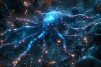 Cosmic octopus-shaped nebula glowing in vibrant blue and purple hues against dark space background with scattered stars and luminous gas clouds.