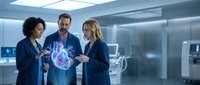 Young woman with curly dark hair and medium skin tone, middle-aged man with dark hair and light skin tone, and blonde woman in professional business attire examining holographic brain projection in modern office laboratory setting.