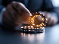 Glowing golden gear wheel floating above metallic surface with blurred hands in background creates futuristic technological atmosphere for business innovation concept.