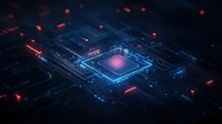 Glowing microprocessor on circuit board with red and blue neon lights, digital technology concept showing electronic paths and connections in dark background.
