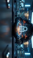 Futuristic holographic padlock with glowing orange and blue circular interface displayed on dark tech background with digital data screens and monitoring systems.