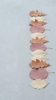 Paper cut autumn leaves in warm earth tones arranged vertically on neutral background for seasonal crafts and fall decorating projects.