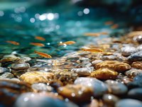Small orange fish swimming in crystal clear shallow water over smooth river stones, with sunlight creating magical bokeh effects and reflections on rippling surface.