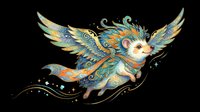 Ornate flying hedgehog with decorative wings in teal, gold, and orange tones, isolated on transparent background. Great for stickers, t-shirt design, and print on demand.