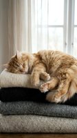 Ginger tabby cat sleeping on stacked knit sweaters near bright window with sheer curtains. Cozy home interior scene for lifestyle, pet care, and comfort-themed designs.