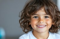 Cheerful mixed-race boy with curly brown hair and bright blue eyes wearing white t-shirt smiling at camera against blurred background. Natural childhood portrait.
