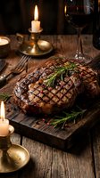 Grilled ribeye steak with rosemary and peppercorns on wooden board, candlelit dinner setting with red wine glass for romantic dining and fine cuisine.