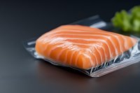 Fresh raw salmon fillet with vibrant orange color on plastic container against dark background, macro food photography showing texture and marbling.