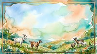 Watercolor pastoral landscape with grazing goats and sheep in rolling hills under cloudy sky, suitable for home decor, children's books, and editorial illustrations.