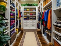 Luxury walk-in closet with white built-in shelving, organized clothing sections, hardwood floors, and decorative runner carpet showcasing modern home storage solutions.