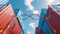 Shipping containers with barbed wire forming infinity symbol against blue sky, low angle view highlighting global trade security and border control concepts.