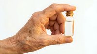 Senior adult hand holding small glass vial with cork stopper against white background, isolated for design use on packaging, labels, and marketing materials.