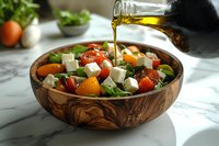 Fresh Mediterranean salad with olive oil being poured into wooden bowl, featuring tomatoes, cheese, and mixed greens for healthy dining.