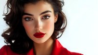 Young woman with dark wavy hair, bright red lipstick and flawless makeup wearing vibrant red outfit against light background. Professional beauty portrait with dramatic lighting.