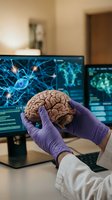 Medical researcher in purple gloves examining human brain model with neural network displays on computer monitors in modern laboratory for neuroscience study.