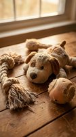 Adorable brown plush puppy toy with rope toys scattered on rustic wooden floor near sunny window creating warm nostalgic childhood memories atmosphere.