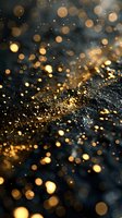 Magical golden bokeh lights scattered on dark background with glowing particles and sparkles creating dreamy atmospheric effect. Perfect for festive designs.