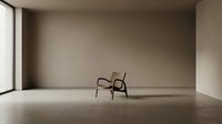 Modern wooden chair in minimalist empty room with natural light from window, suitable for interior design, furniture advertising, and contemporary space concepts.