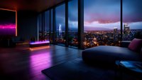 Modern luxury apartment interior with panoramic windows overlooking illuminated night city skyline, neon purple lighting and contemporary minimalist decor creates futuristic ambiance.