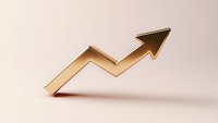Golden upward trending arrow chart symbol on soft beige background representing financial growth, business success, and economic progress.