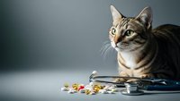 Tabby cat sitting beside stethoscope with colorful pills scattered around, veterinary healthcare concept for pet medicine and animal wellness treatment.
