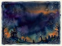 Spooky Halloween night watercolor scene with haunted house, cemetery, black cat, pumpkins, bats, and crescent moon under a starry sky.