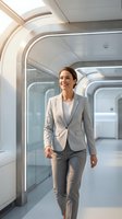Confident businesswoman in light gray suit walking through modern corridor with curved glass partitions and bright natural lighting, suitable for corporate and professional concepts.