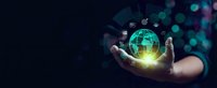 Businessman hands protecting glowing digital globe with technology icons representing global connectivity and digital transformation in modern business.