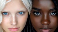 Two women with contrasting skin tones and striking blue eyes in close-up portrait, representing diversity and beauty in modern fashion and cosmetic advertising.