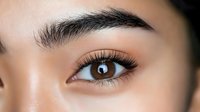 Close up macro shot of Asian woman brown eye with long eyelashes, perfect eyebrow shape and natural makeup showing beauty details.