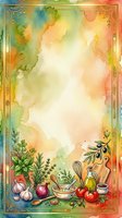 Watercolor cooking background with fresh vegetables, herbs, olive oil, and ornate golden frame border with colorful gradient wash. Isolated design for recipe cards, menus, culinary blogs.