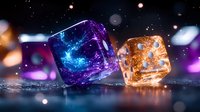 Glowing cosmic dice with magical galaxy and nebula effects inside transparent cubes on dark reflective surface with bokeh lights and sparkles. Suitable for gaming concepts.