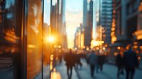 Blurred urban scene with golden sunset light streaming through city buildings, silhouettes of people walking on busy street during rush hour. Reflective glass surfaces create atmospheric mood.
