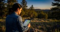 Young woman using digital tablet outdoors during golden hour sunset in mountain wilderness for remote work and technology connection in nature.