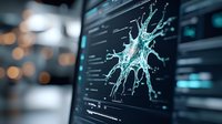 Glowing neuron cell visualization on computer screen with digital interface and data analysis. Medical research and artificial intelligence concept.