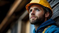 Professional construction worker with yellow hard hat and blue jacket looking upward with determination at building site for safety and development projects.