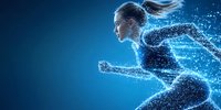 Digital particle woman runner in motion with glowing blue light effect, representing speed, technology and innovation in sports and fitness industry.